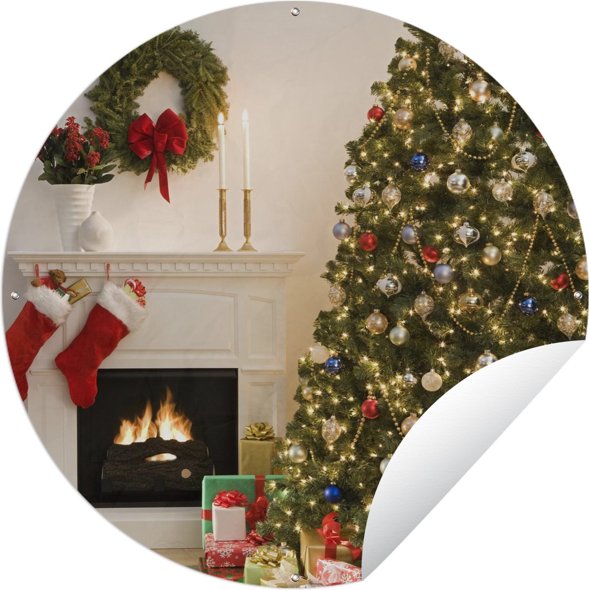 Tuincirkel met kerstboom, cadeautjes en open haard - 90x90 cm.