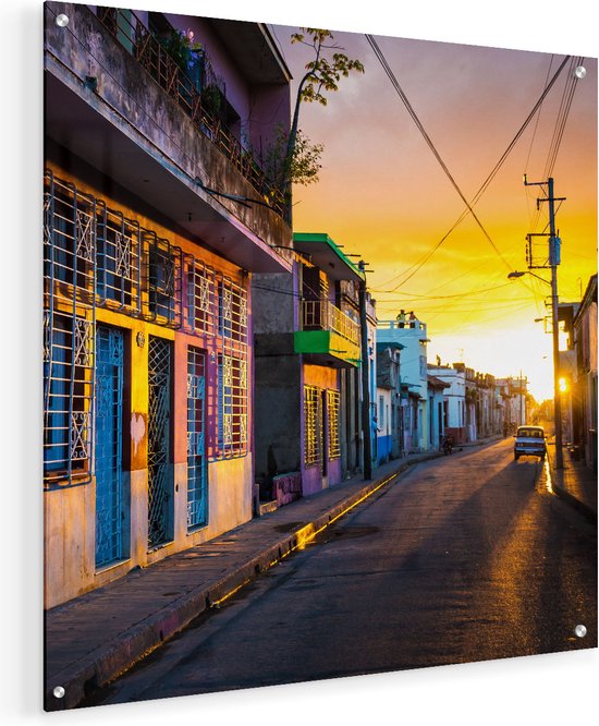 Artaza Glasschilderij - Cuba Kleurrijke Huisjes bij Zonsondergang - 50x50 - Plexiglas Schilderij - Foto op Glas