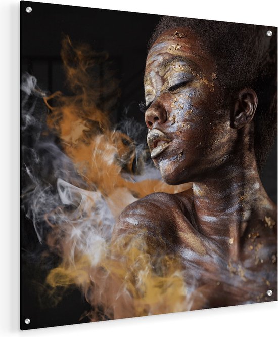 Artaza Glasschilderij - Afrikaanse Vrouw Met Zilver En Goud - 50x50 - Plexiglas Schilderij - Foto op Glas