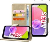 Hoesje geschikt voor Samsung Galaxy A03s - Screenprotector - Bookcase Portemonnee Hoes Goud