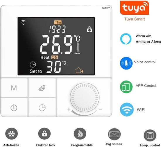 TechU™ Smart Thermostaat Life – Wit – Alleen voor CV-ketel – App, Wifi & Amazon Alexa – Energiebesparend – Kinderslot