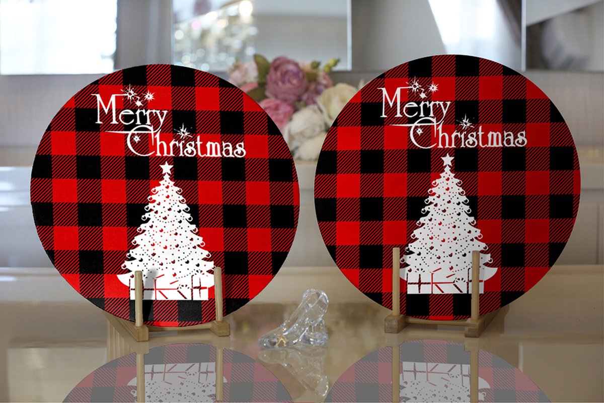 Velvet textile placemat met hout - Kerst boom - Christmas tree - 2 stuks - 33 cm - Onderlegger