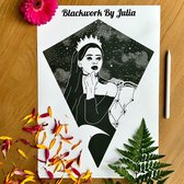 Blackwork by Julia - Poster - A4 Illustratie van een koningin op haar troon