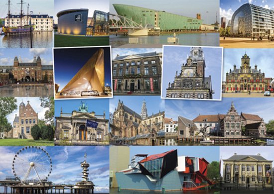 Collage de divers bâtiments néerlandais, y compris un navire, un musée moderne, une église, une grande roue et une tour.