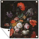 Tuinposters Stilleven met bloemen en een horloge - Schilderij van Abraham Mignon - 50x50 cm - Tuindoek - Buitenposter