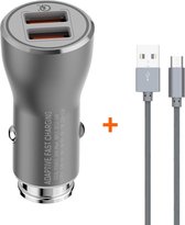 Hozard® Premium Autolader met 2x USB 3.0 aansluiting + USB C Oplader - Snellader - Geschikt voor Samsung en andere smartphones - Zilver