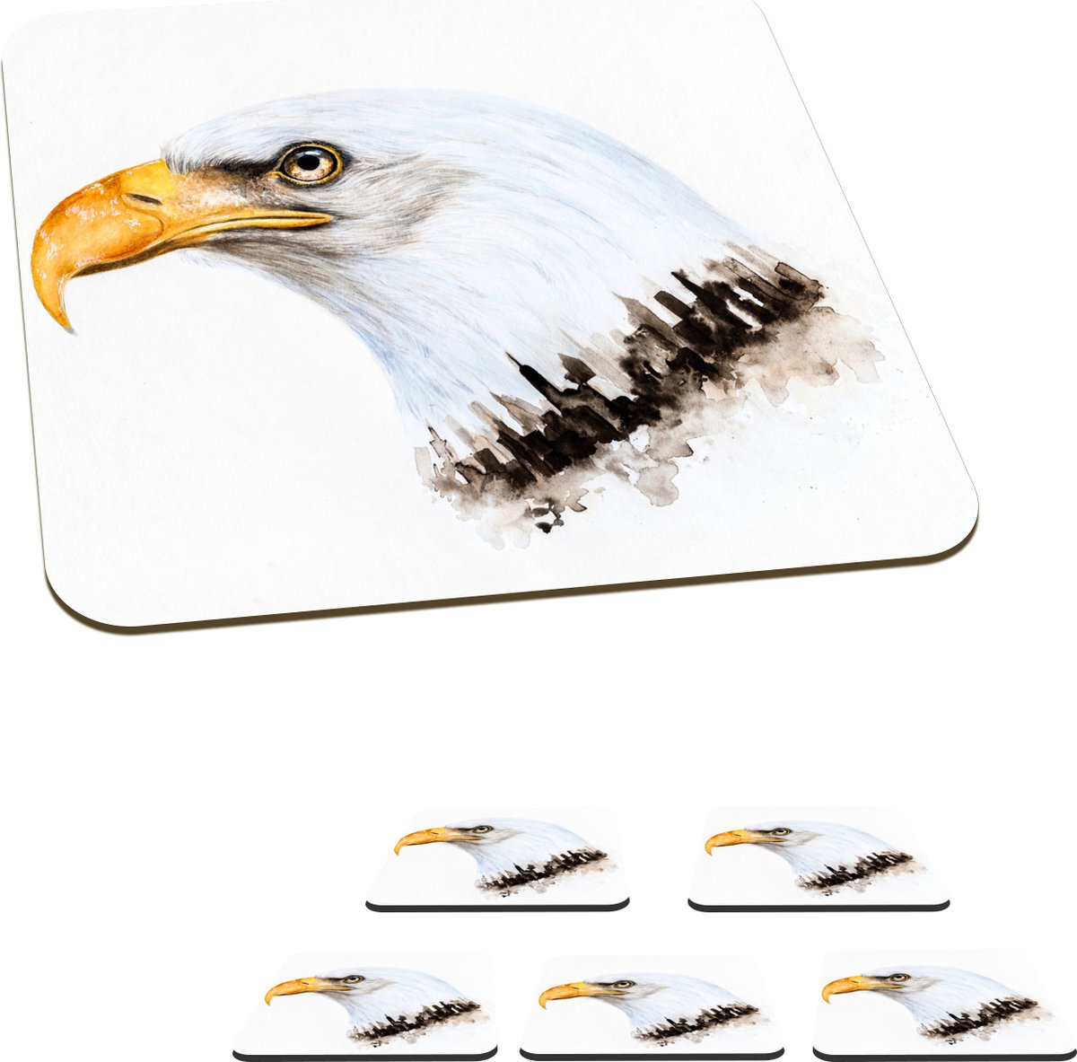 Onderzetters voor glazen - Arend - Vogel - Waterverf - 10x10 cm - Glasonderzetters - 6 stuks