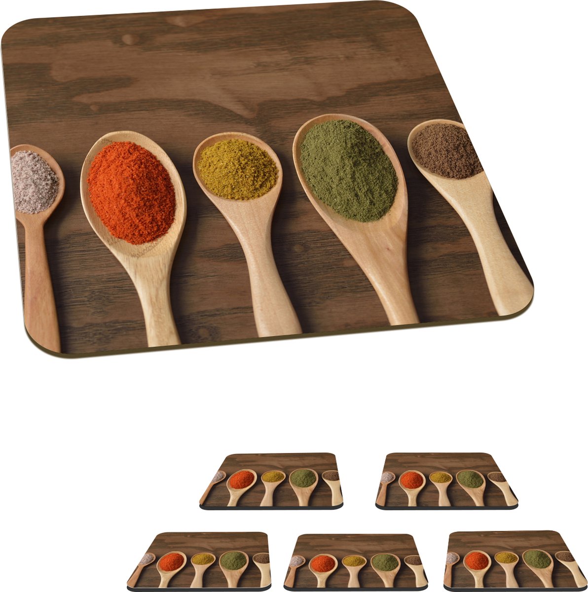 Onderzetters voor glazen - Specerijen op lepels - 10x10 cm - 6 stuks