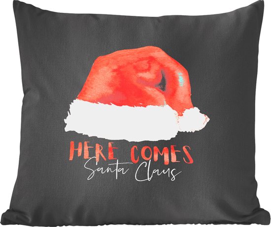 Sierkussens - Kussentjes Woonkamer - 45x45 cm - Kerst - Quotes - Kerstmuts - Spreuken - Here comes Santa Claus - Kerstversiering - Kerstdecoratie voor binnen - Woonkamer