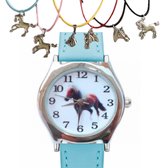 Horloge-Paard-Licht Blauw- Leer-Met paard ketting -Extra Batterij-Charme Bijoux
