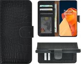 OnePlus 9 Hoesje - Bookcase - Portemonnee Hoes Echt leer Wallet case Croco Zwart