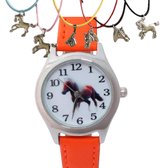 Horloge-Paard-Oranje-Leer-Met Paard Ketting-Extra Batterij-Charme Bijoux