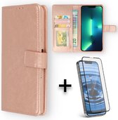 iPhone 13 Mini Hoesje Rosegoud & 1 Stuk Volledige Glazenscreen protector - Portemonnee Book Case - Kaarthouder & Magneetlipje