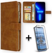 iPhone 13 Hoesje Bruin & Volledige Glazen Screenprotector - Portemonnee Book Case - Kaarthouder & Magneetlipje