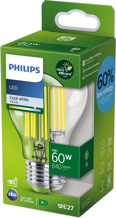 Philips LED lamp Transparant - 60 W - E27 - koelwit licht