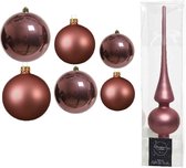 Groot pakket glazen kerstballen oud roze glans/mat 50x stuks - 4-6-8 cm incl piek mat 26 cm