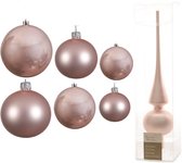 Groot pakket glazen kerstballen lichtroze glans/mat 50x stuks - 4-6-8 cm incl piek mat 26 cm