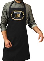 Naam cadeau Master chef Leo keukenschort/ barbecue schort zwart voor heren/ mannen - cadeau vaderdag/ verjaardag/ Pensioen