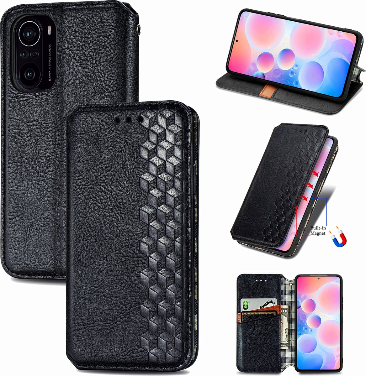 Luxe PU Lederen Ruitpatroon Wallet Case + PMMA Screenprotector voor Xiaomi Poco F3 _ Zwart