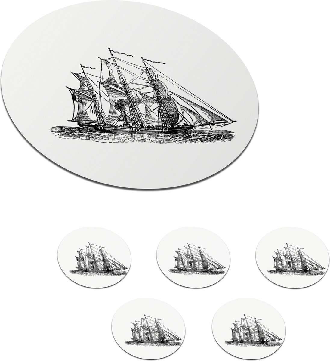 Onderzetters voor glazen - Rond - Vintage - Boot - Schip - 10x10 cm - Glasonderzetters - 6 stuks