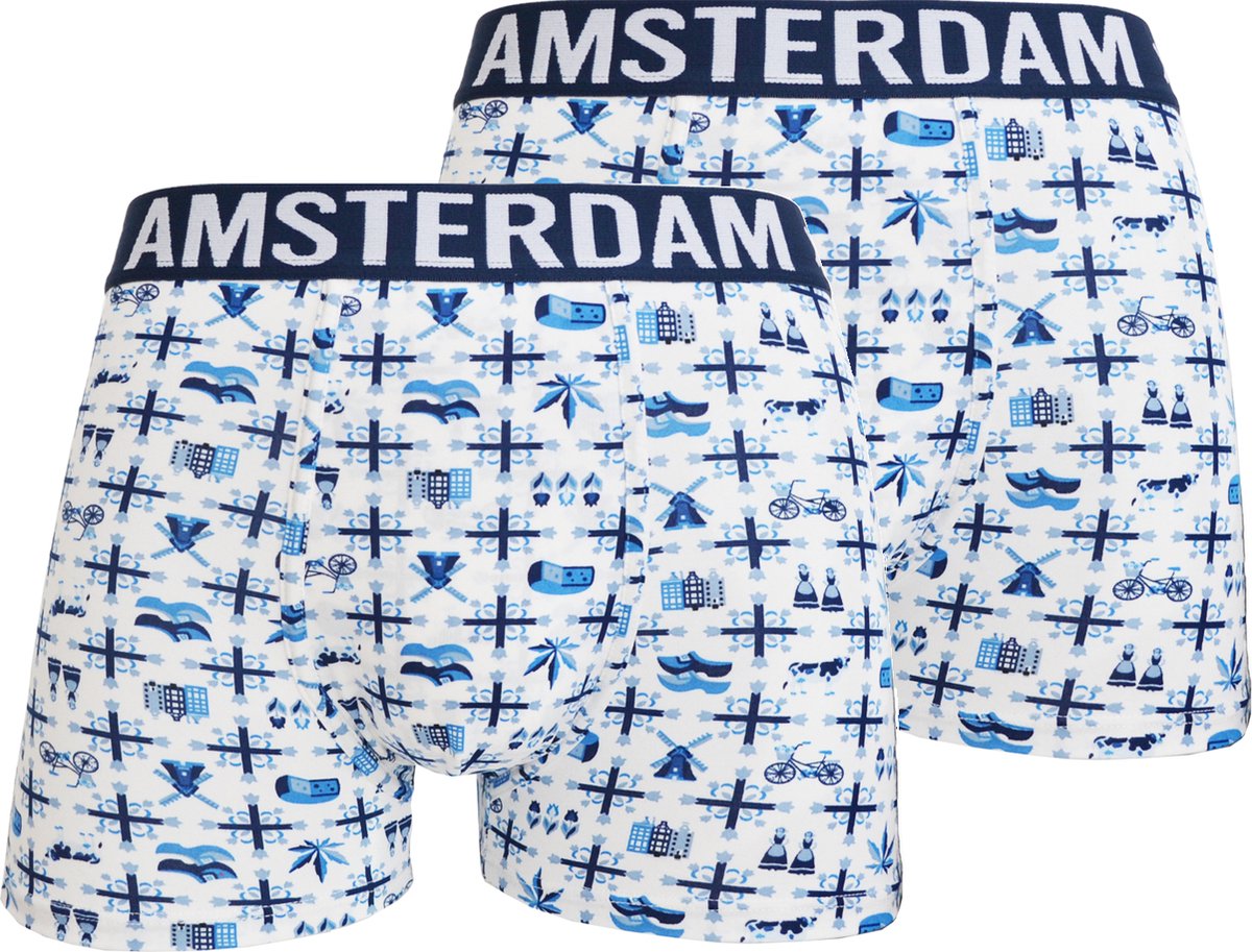 Boxershort - Heren - 2 pack - Amsterdam - Delfts blauw / wit - L