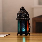 Apeirom Oosterse lantaarn - 16 cm - windlicht - geschikt voor led kaarsen - waxinelichtjes - zwart metaal - sfeermaker –meerdere kleuren glas