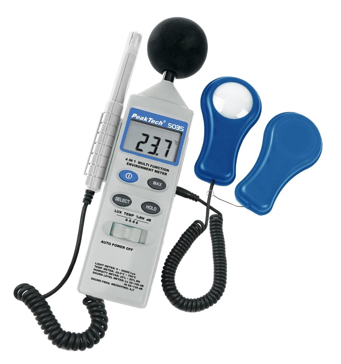 Peaktech 5035 multifunctionele omgevingstester - 4 in 1 - geluidsmeter - luxmeter - vochtgheidsmeter - thermometer