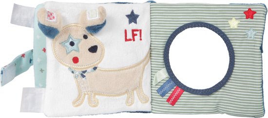 Stoffen boekje met een beige hond, met de tekst 'LF!' en een ronde spiegel.