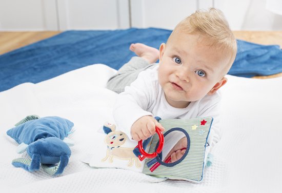 Baby met blauwe ogen houdt een stoffen boekje vast met een spiegel en hond-opdruk.