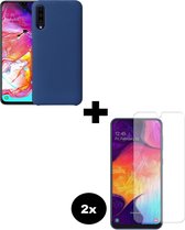 Hoesje Geschikt voor Samsung Galaxy A50 Hoesje Siliconen Case Hoes Met 2x Screenprotector - Hoes Geschikt voor Samsung A50 Hoes Cover Case - Donkerblauw