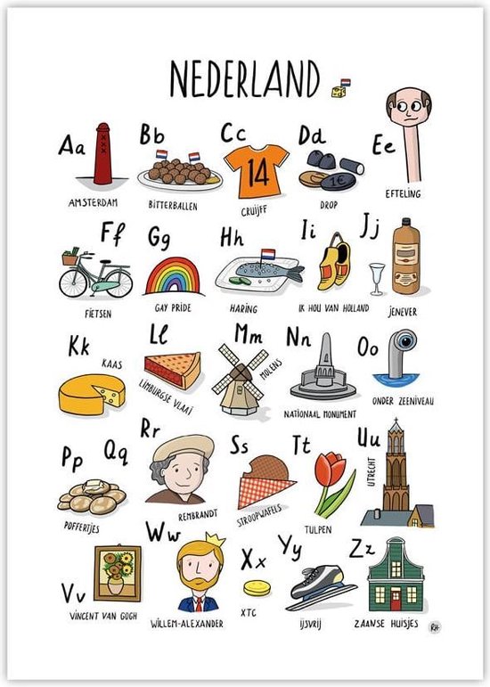 Affiche ABC des Nederland | Cadeau d'impression d'art alphabet dessiné à la  main | bol.com
