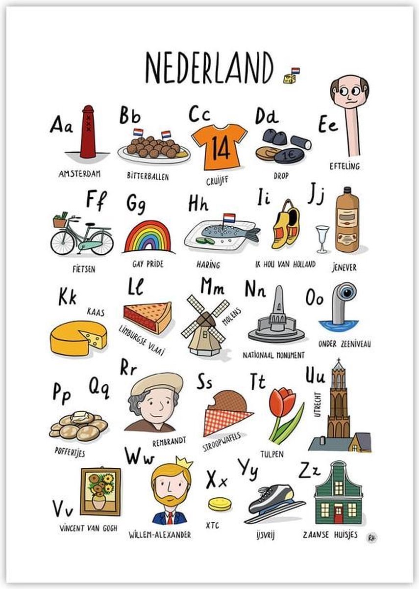 ABC Poster Nederland - Handgetekende alfabet poster cadeau volwassenen