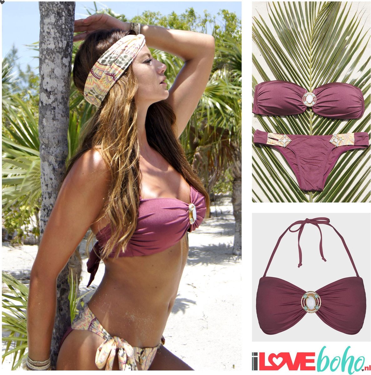 BOHO Bikini Top - Ibiza - Iconic bandeau - Bordeaux - Aubergine - L - Cup C  | bol.com