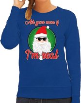 Foute Kersttrui / sweater - Ask your mom I am real - blauw voor dames - kerstkleding / kerst outfit XS (34)