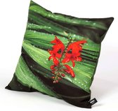 HUGS buitenkussen | 50x50 | rode bloem op groen | outdoor kussen | uniek tuinkussen | terras aankleding | waterafstotend
