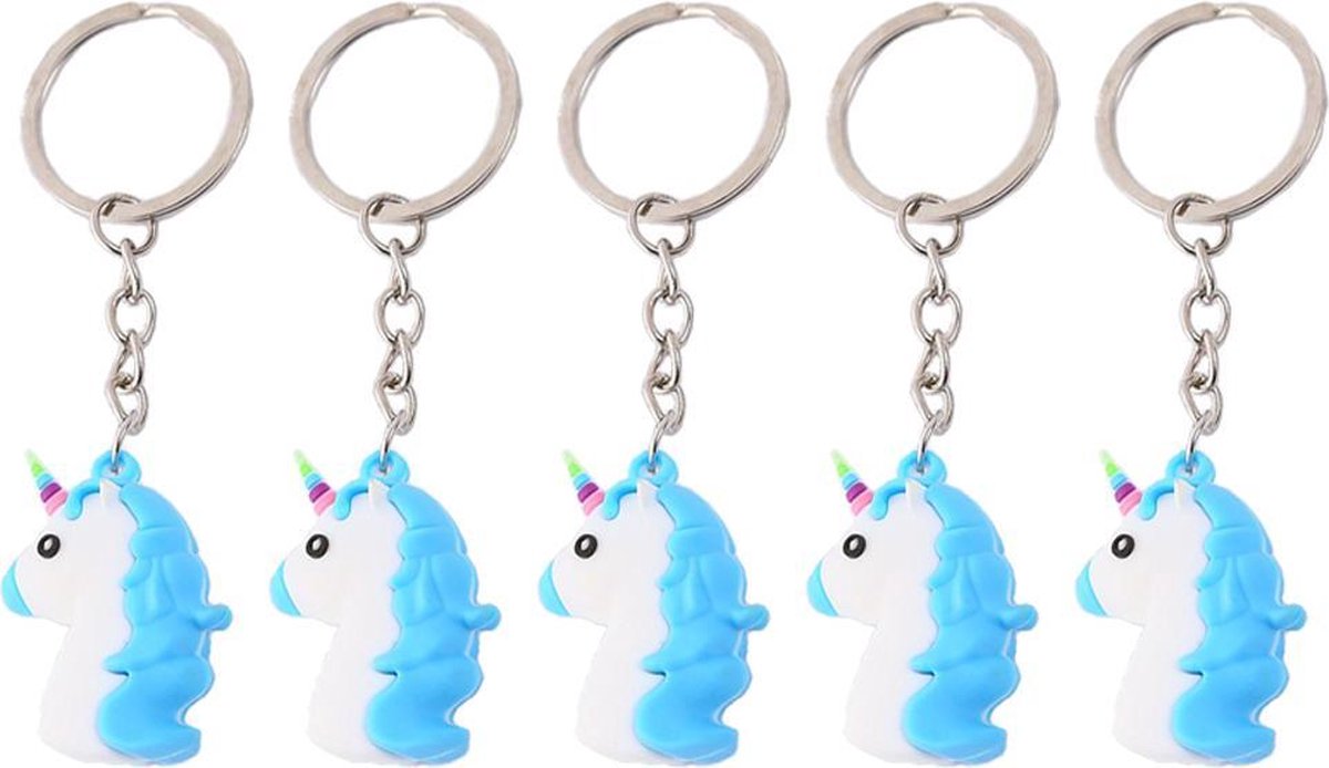 5x Blauwe Unicorn Emoji Sleutelhanger