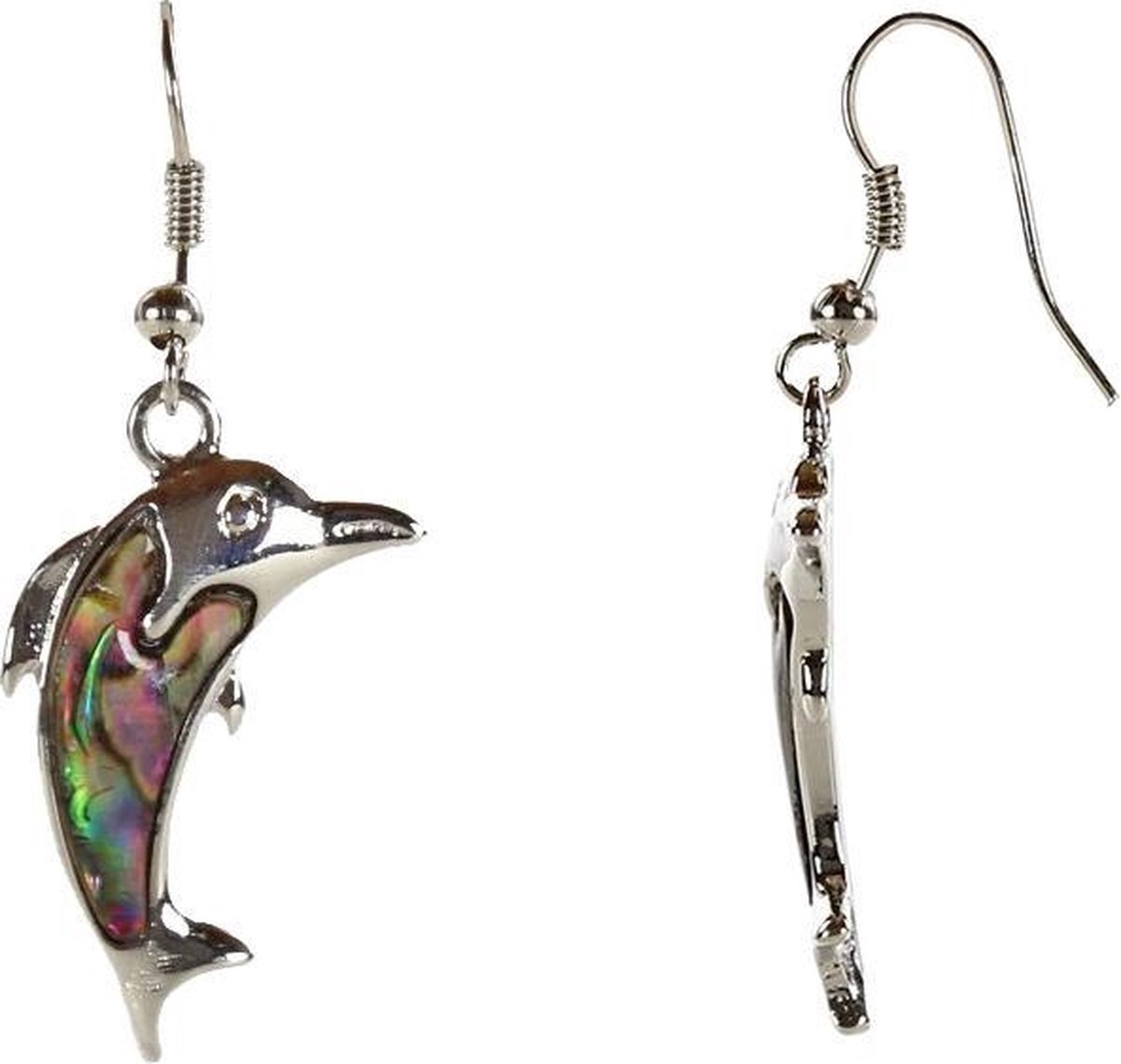 Parelmoeren oorbellen Abalone Dolphine - oorhangers - parelmoer - abaloon - multi color - zilver - dolfijn
