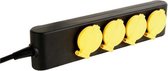 Perel Stekkerdoos, 4 klapdeksels, 4 stopcontacten met penaarde (type E), kabel 1.5 m, 3G1.5, voor binnen en buiten, zwart/geel