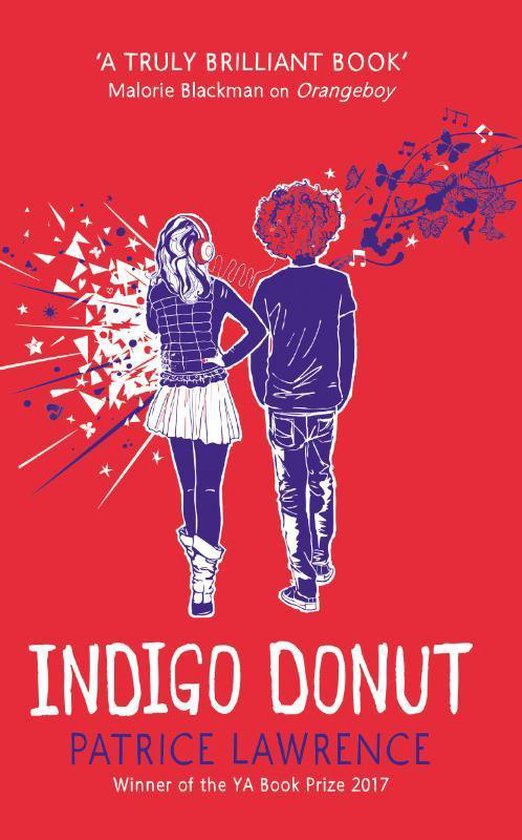 Een meisje met een koptelefoon en een jongen met kroeshaar lopen weg, met vlinders en muzieknoten boven hun hoofd. De titel 'INDIGO DONUT' is onderaan.