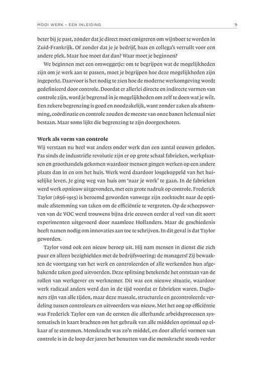 Pagina 9 van het boek 'Mooi Werk' met tekst over werk, controle en Taylorisme.