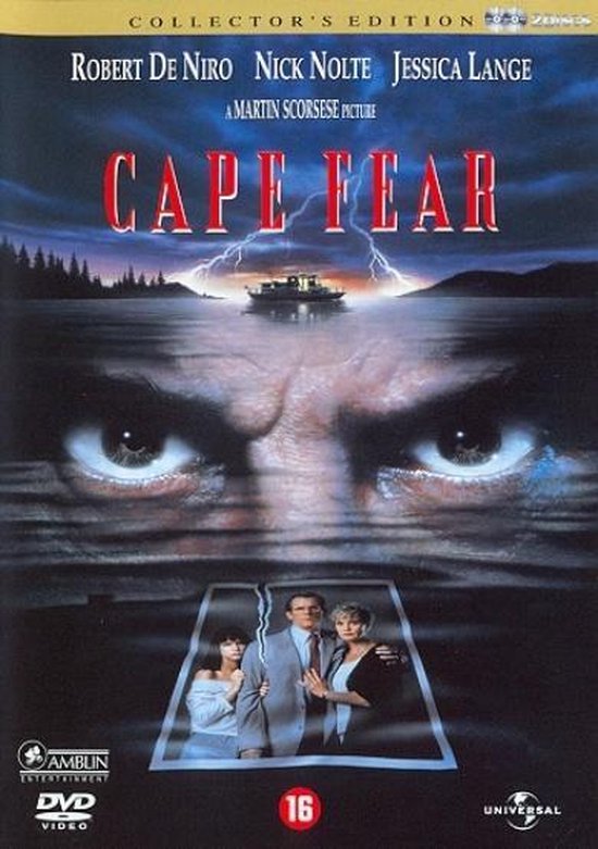 DVD-hoes van Cape Fear met een close-up van ogen boven een boot onder een bliksem, met de cast beneden.