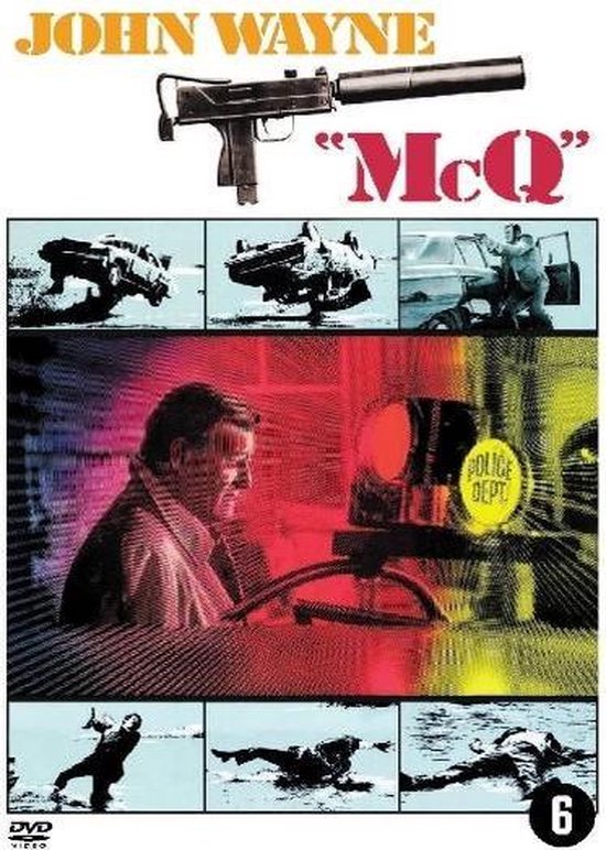 DVD-hoes met John Wayne, een pistool en diverse filmscènes, waaronder auto's en politie.