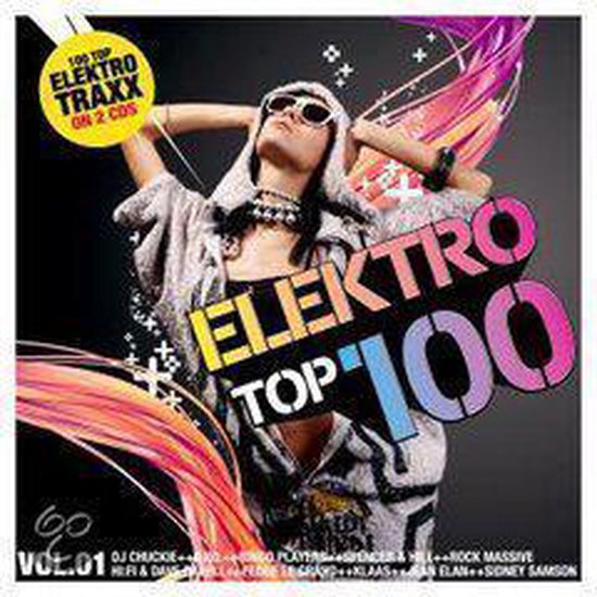 Albumhoes "Elektro Top 100 Vol.1" met vrouw met zonnebril, met tekst "Elektro Top 100" en "100 top elektra traxx on 2 CDs".