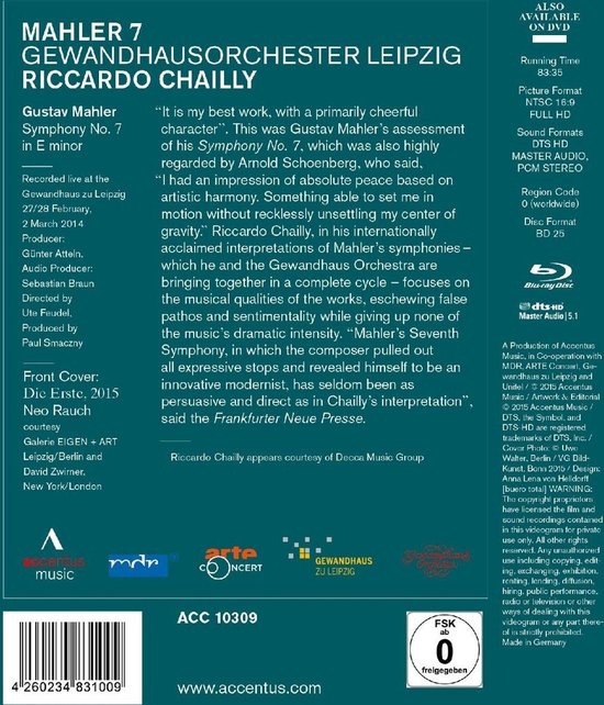 Blu-ray hoes met details over Mahler 7, Riccardo Chailly en Gewandhausorchester Leipzig. Bevat o.a. recensies en logo's.