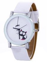 Hidzo Horloge Cute Cat ø 37 mm - Wit - Kunstleer