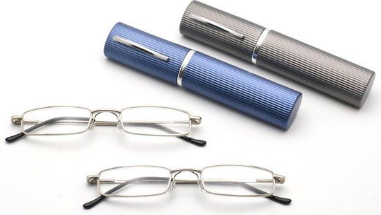 Amazotti Combiset (Blauw / Grijs) van 2 Slim-Line zilver kleur Leesbrillen  in Koker -... | bol.com