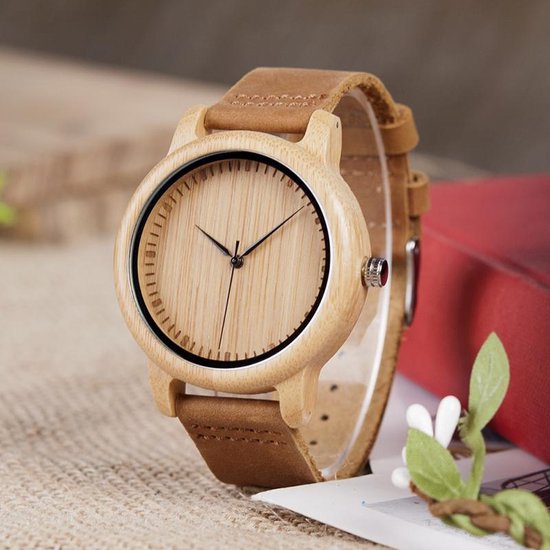 DVSE | Natural Bamboo Houten Unisex Horloge – Lichtbruin leer