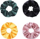 Jumalu scrunchie velvet haarwokkel haarelastiekjes - groenblauw, zwart, oker geel en licht roze - 4 stuks