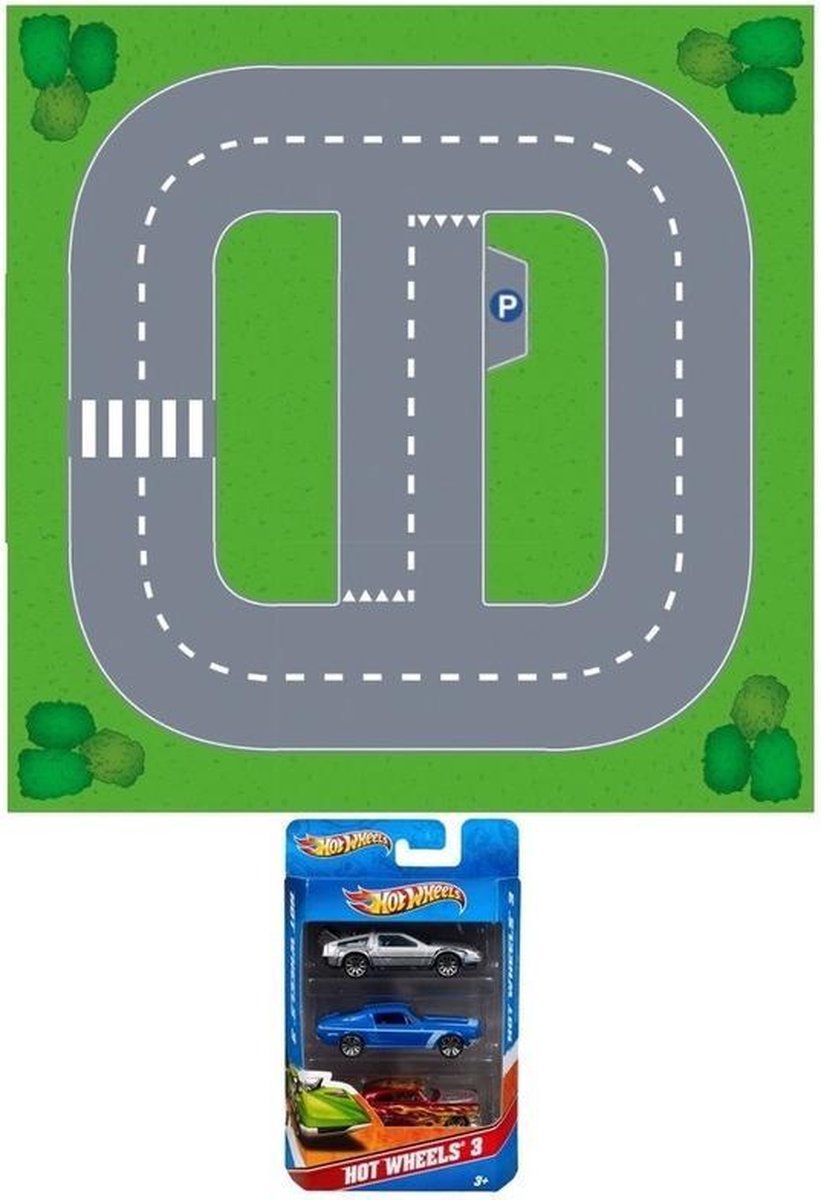 Afbeelding van product Shoppartners  Speelgoed stratenplan wegplaten basis set karton met auto speelsetje - Kartonnen DIY wegen speelkleed