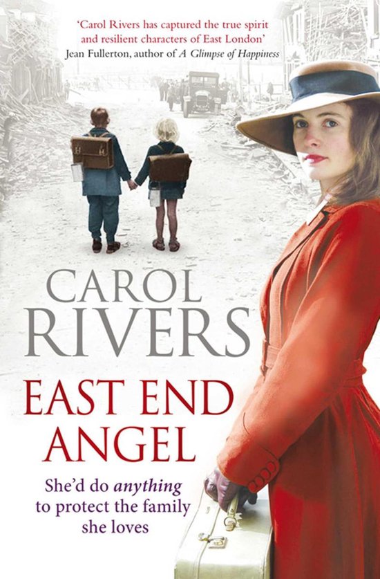 Boek 'East End Angel' van Carol Rivers met een vrouw in oranje mantelpak en hoed, met op de achtergrond twee kinderen met schooltassen en een oude auto.